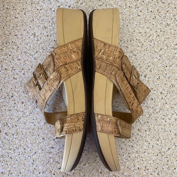 WOMENS VIONIC RIO ADJUSTABLE PLATFORM SANDAL LEATHER GOLD CORK SIZE 10 - Picture 8 of 12